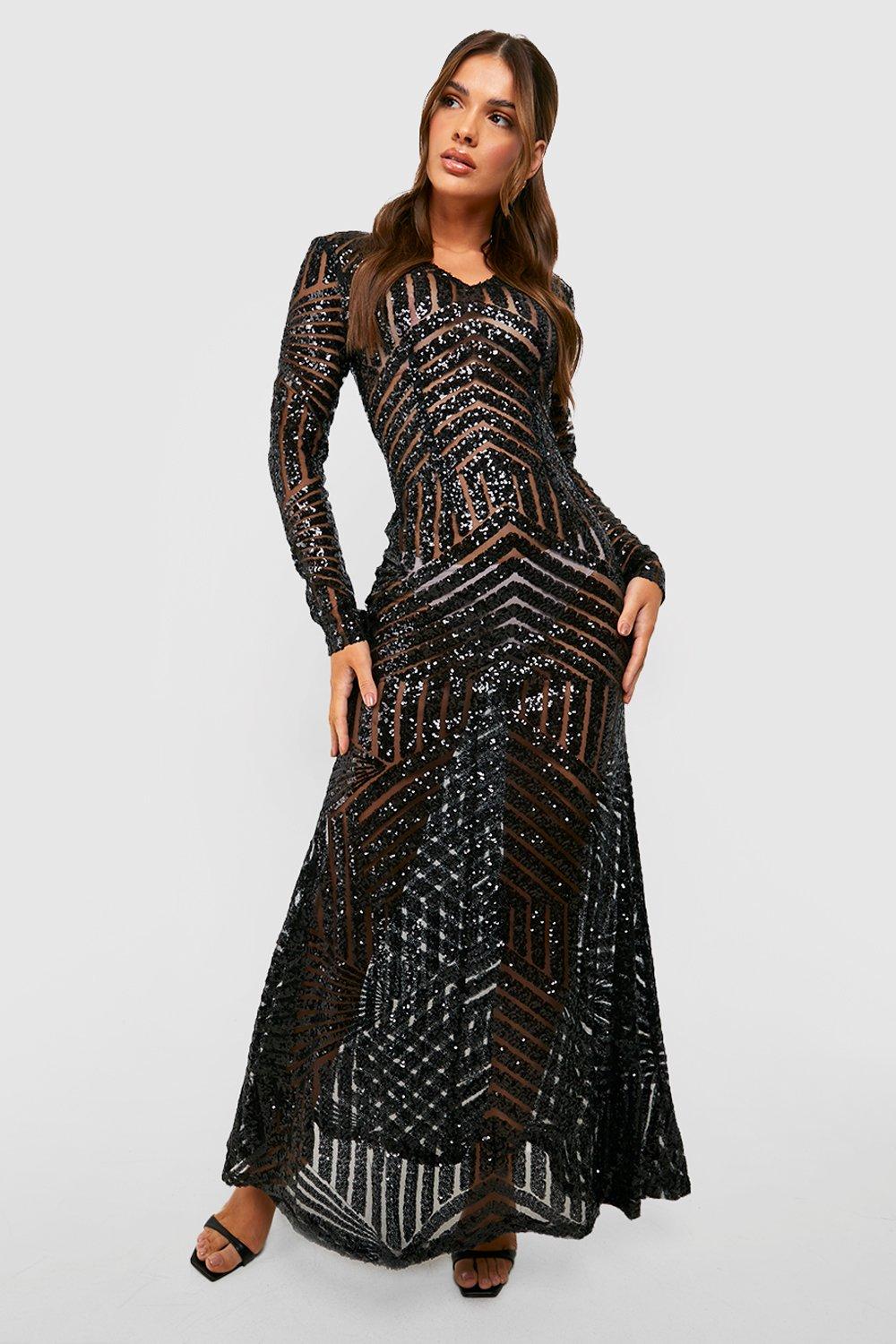 long sleeve black sequin maxi dress