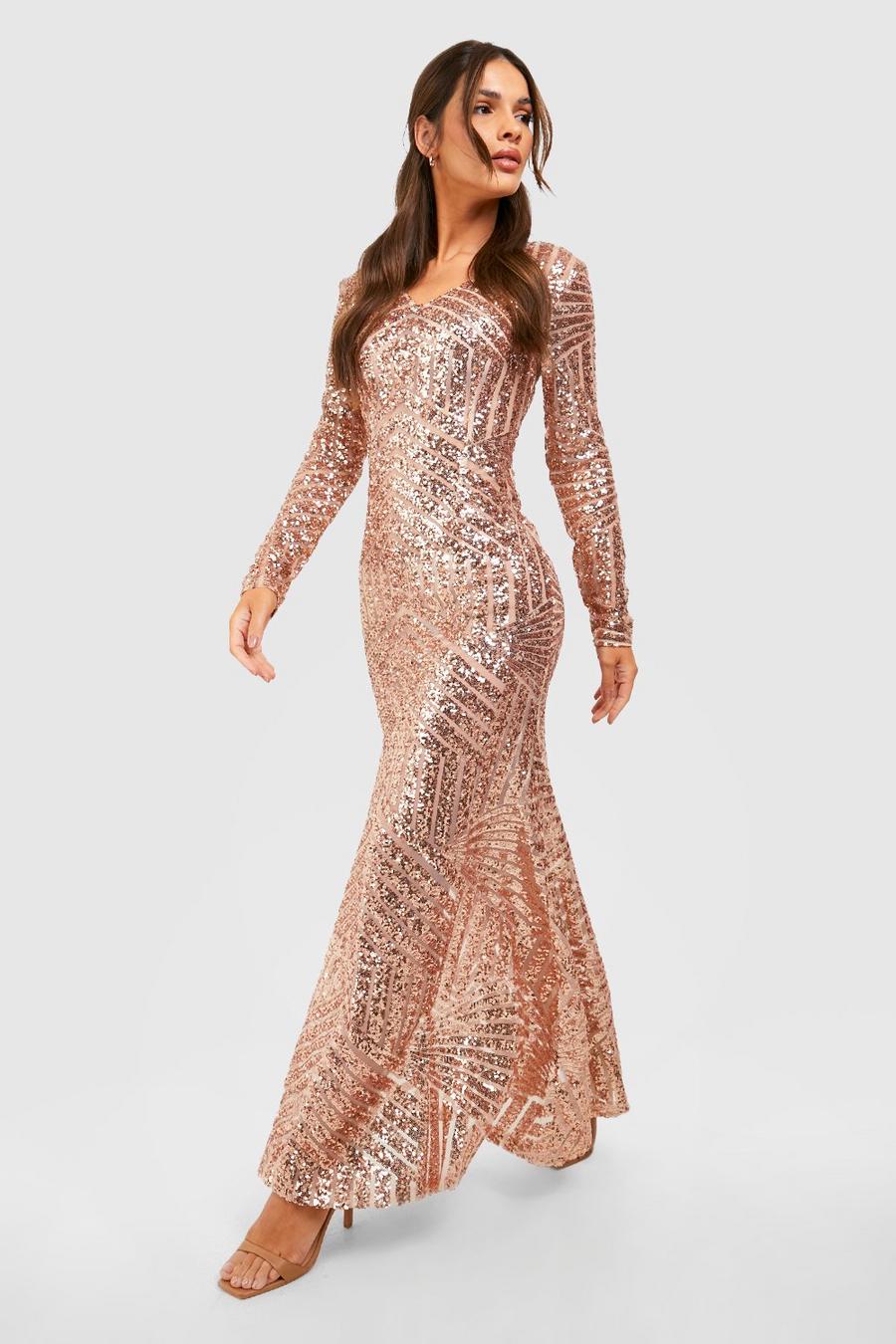Nude color carne Boutique Sequin Long Sleeve Maxi Bridesmaid Dress