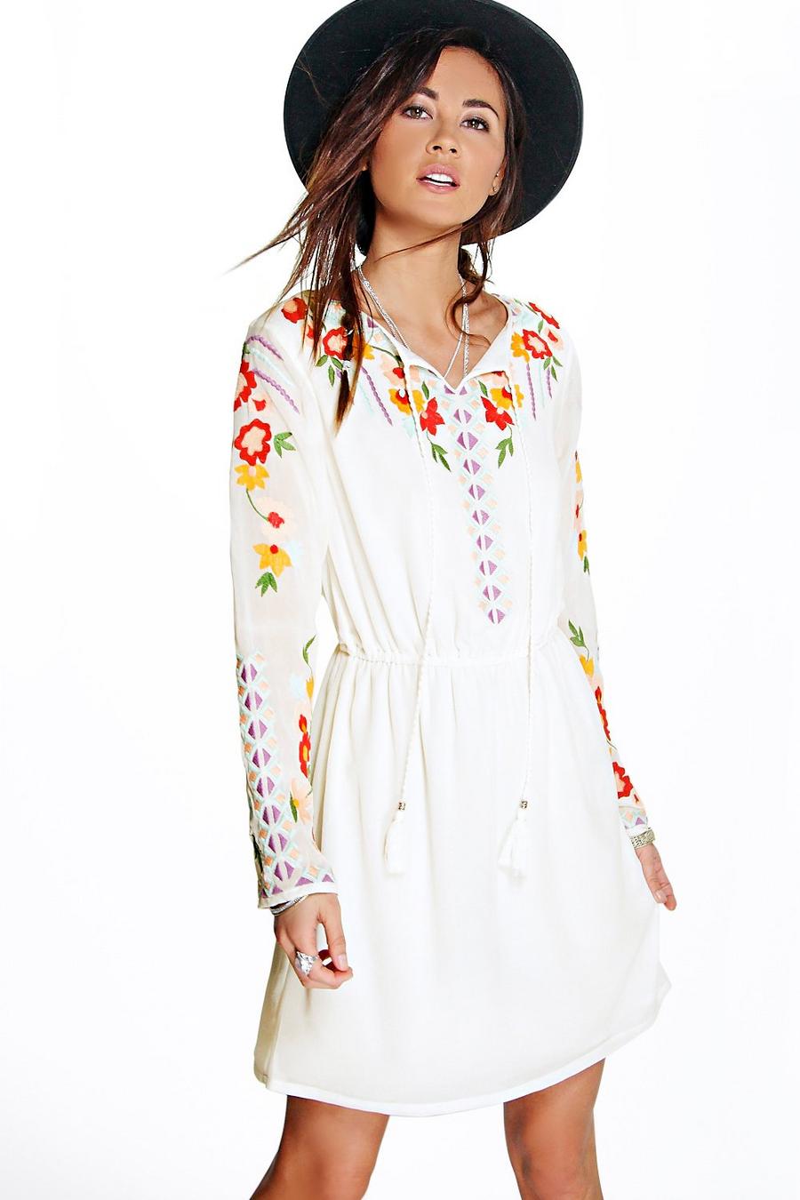 Ivory white Boutique Anya Embroidered Smock Dress image number 1