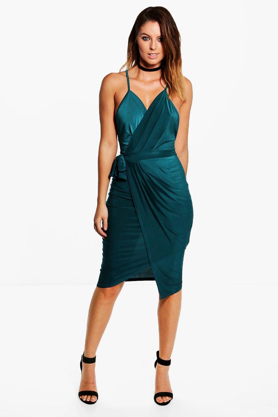 Emerald green Wrap Over Exposed Side Detail Slinky Midi Dress