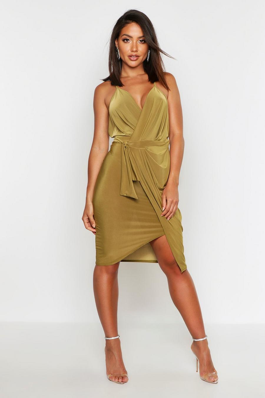 Olive Wrap Over Exposed Side Detail Slinky Midi Dress image number 1