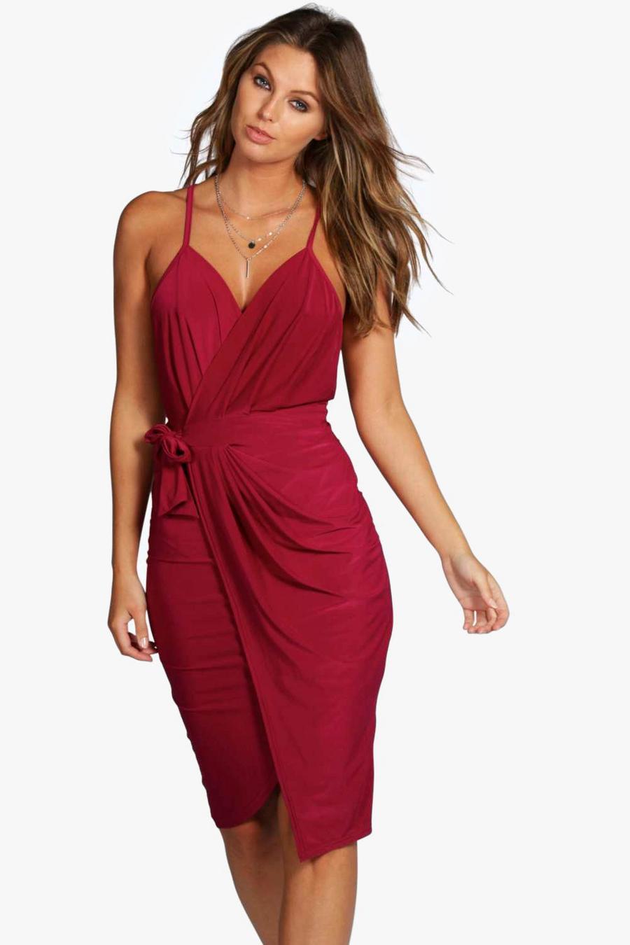 Raspberry Wrap Over Exposed Side Detail Slinky Midi Dress image number 1
