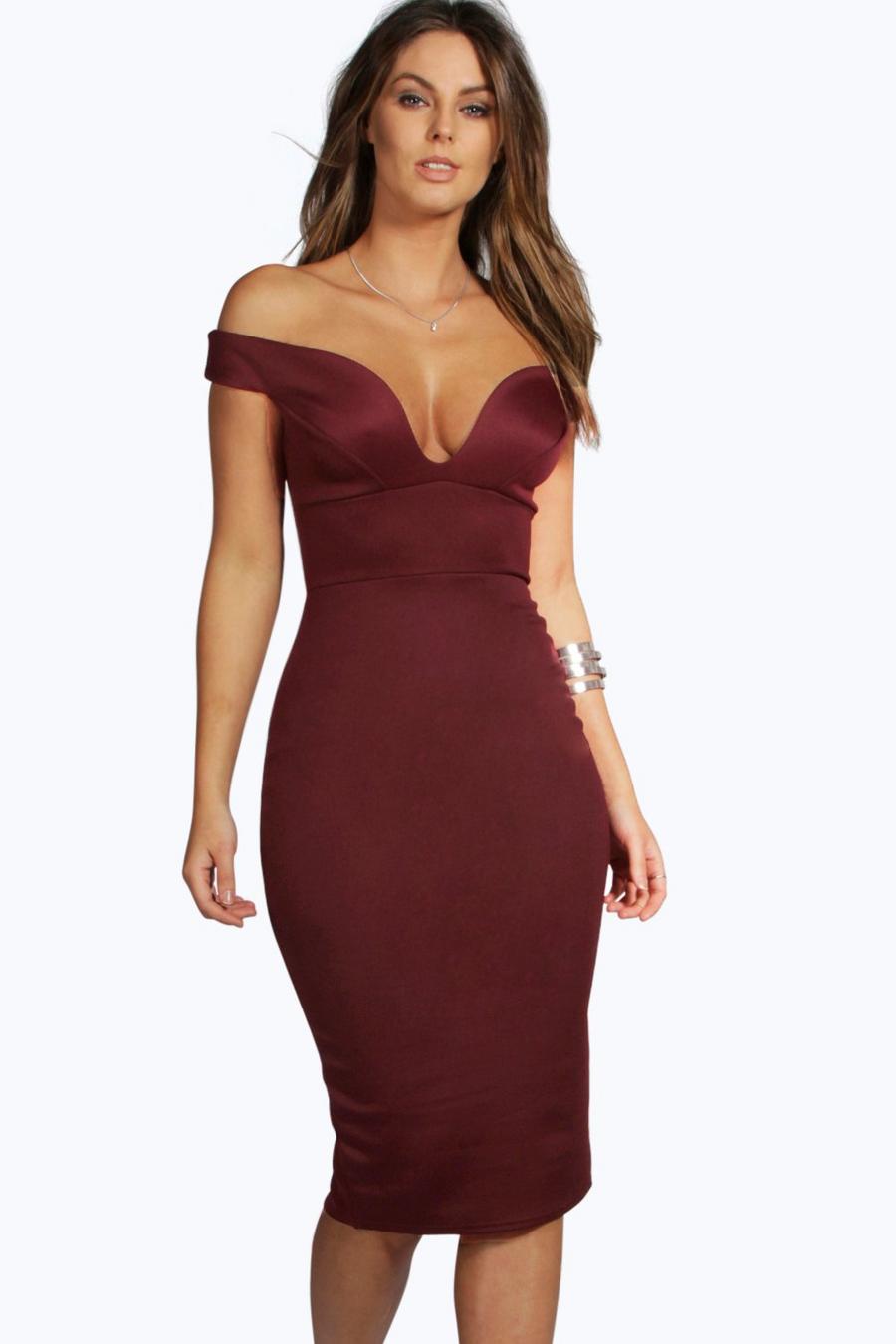 Berry Sweetheart Off Shoulder Bodycon Midi Dress image number 1