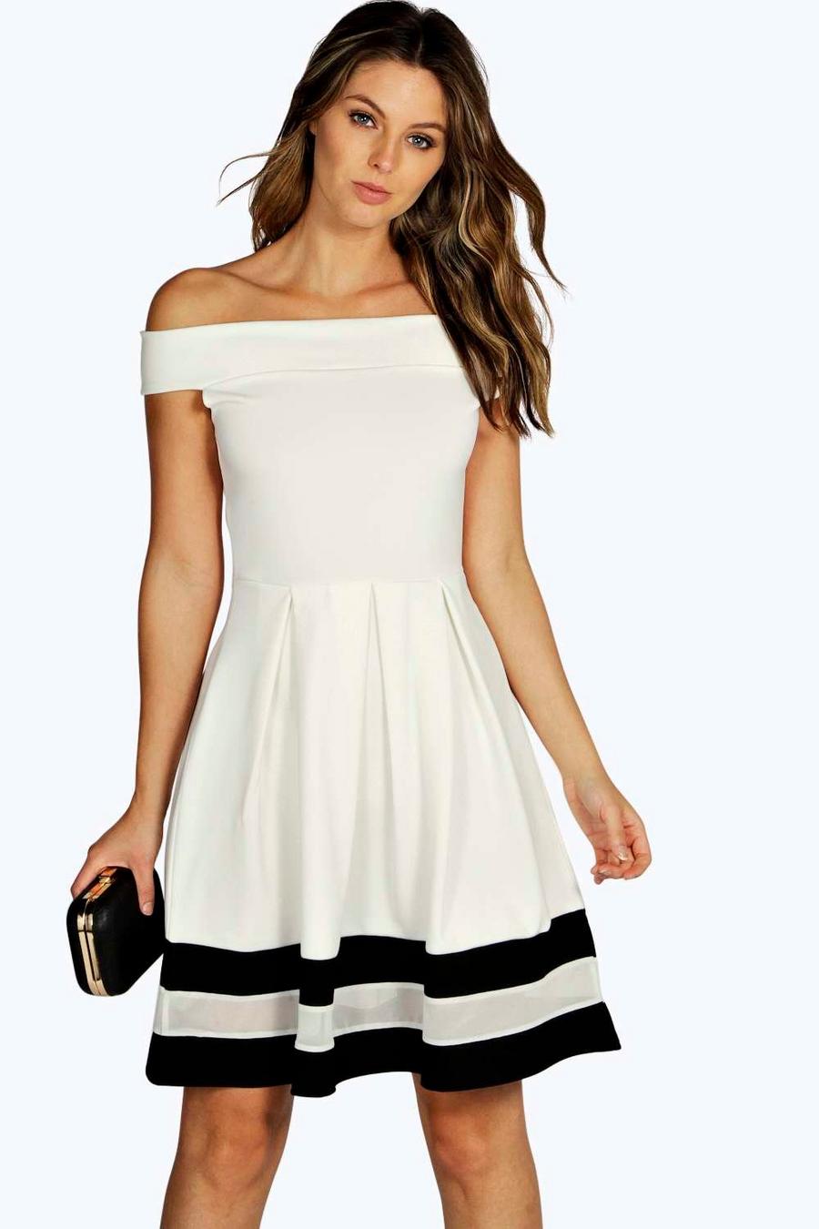 Off Shoulder Contrast Mesh Skater Dress image number 1