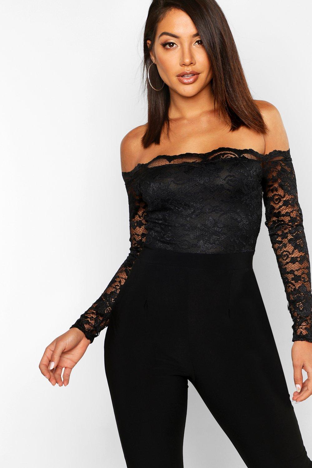 Black lace off store the shoulder jumpsuit