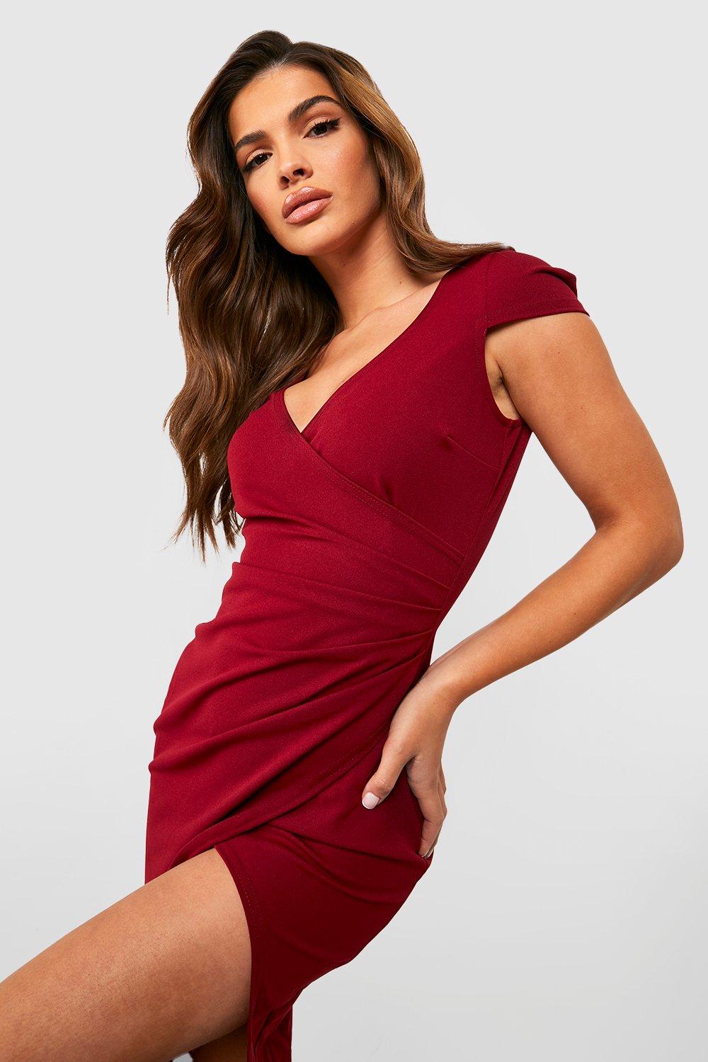 Essentials Women's Cap-Sleeve Faux-Wrap Dress, Burgundy, X-Small :  : Clothing, Shoes & Accessories