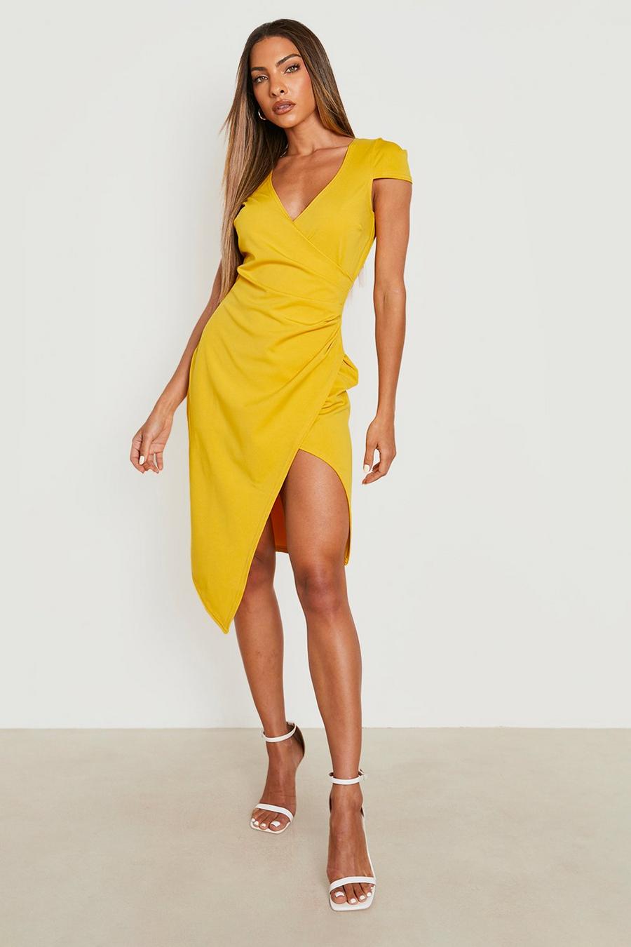 Mustard Cap Sleeve Wrap Midi Dress image number 1