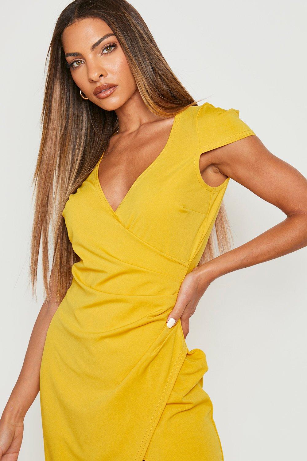 Boohoo cap sleeve wrap midi dress hotsell