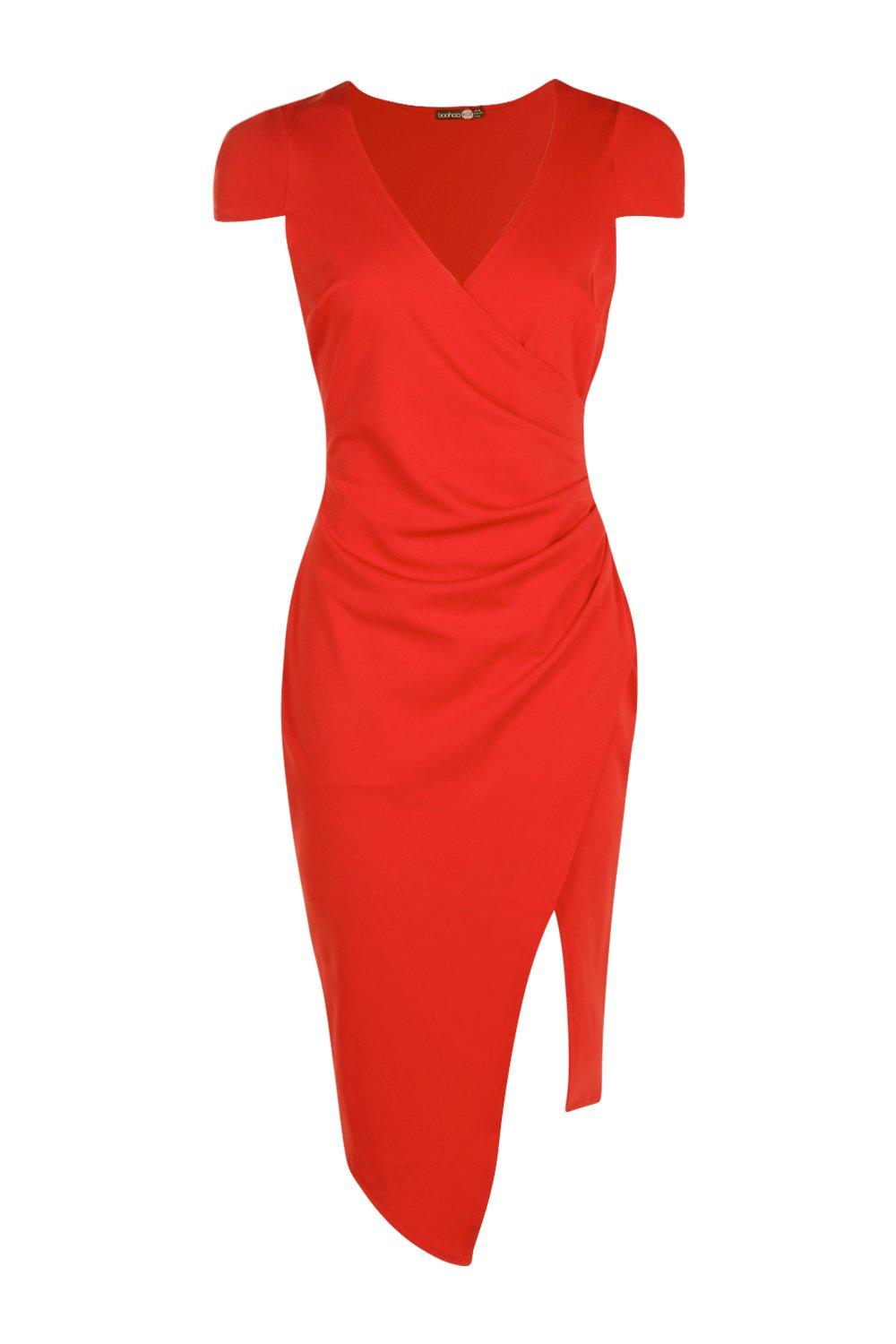 boohoo cap sleeve wrap midi dress