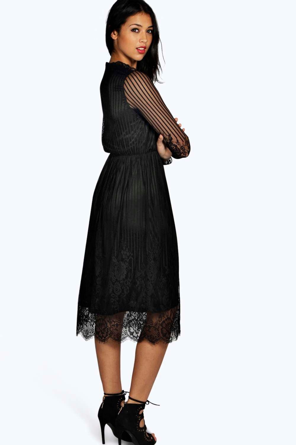 black lace high neck midi dress