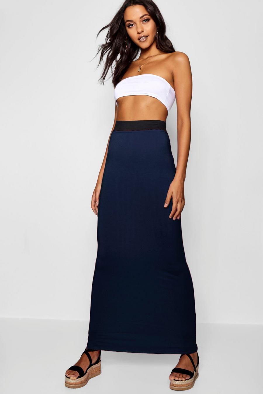 Navy Tall Jersey Knit Basic Contrast Waistband Maxi Skirt image number 1