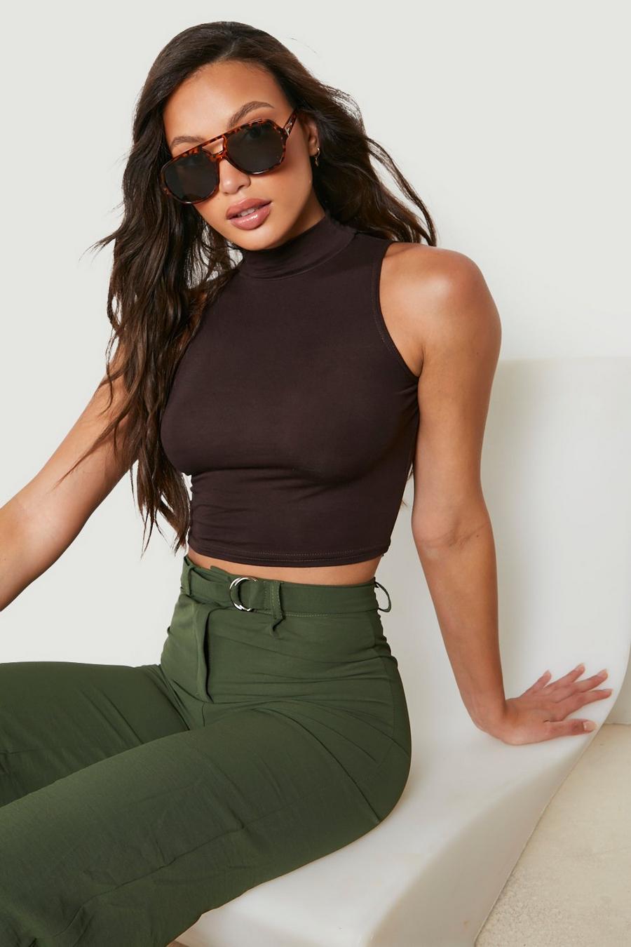Chocolate Tall Basic High Neck Crop Top image number 1