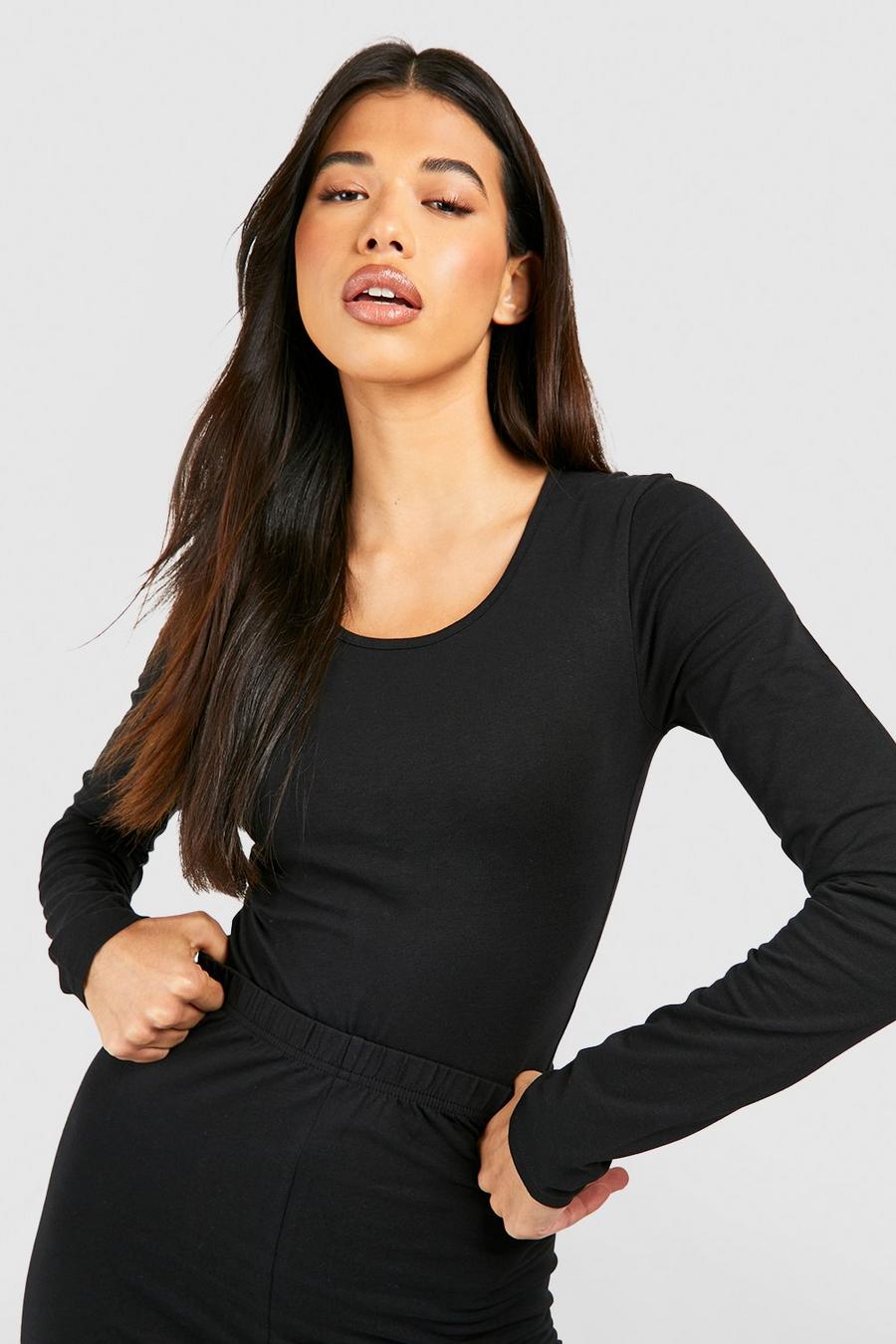 שחור בגד גוף בייסיק עם שרוולים ארוכים לנשים גבוהות image number 1