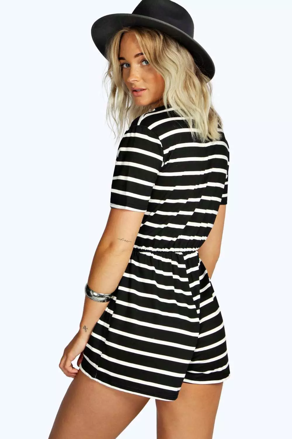 Black Wrap Front Capped Sleeve Striped Playsuit alternative image
