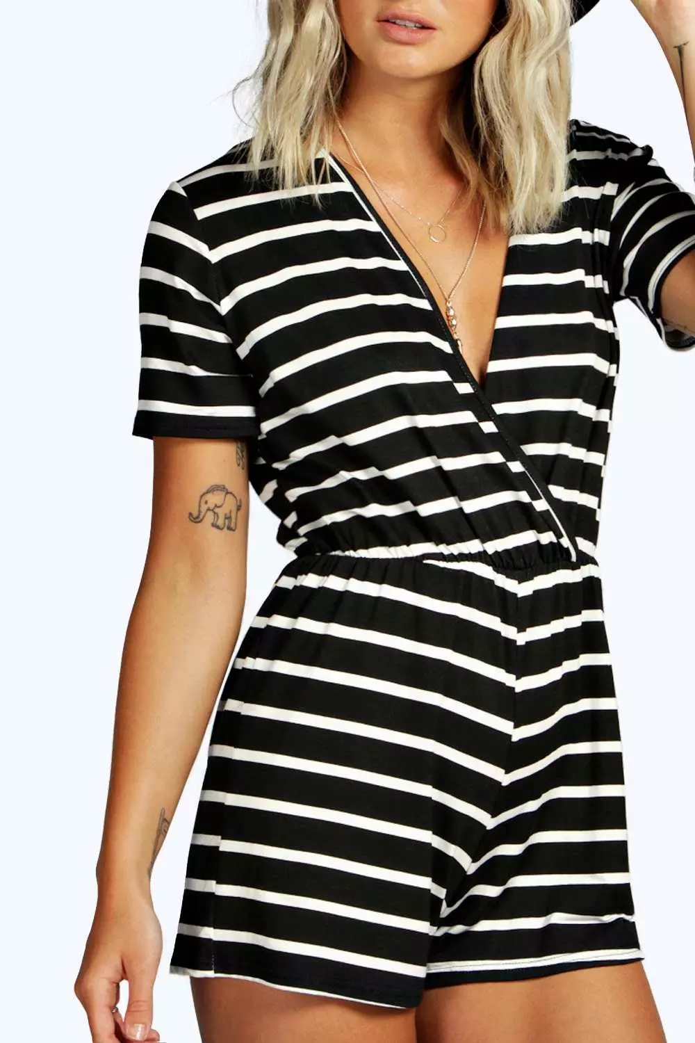 Black Wrap Front Capped Sleeve Striped Playsuit alternative image