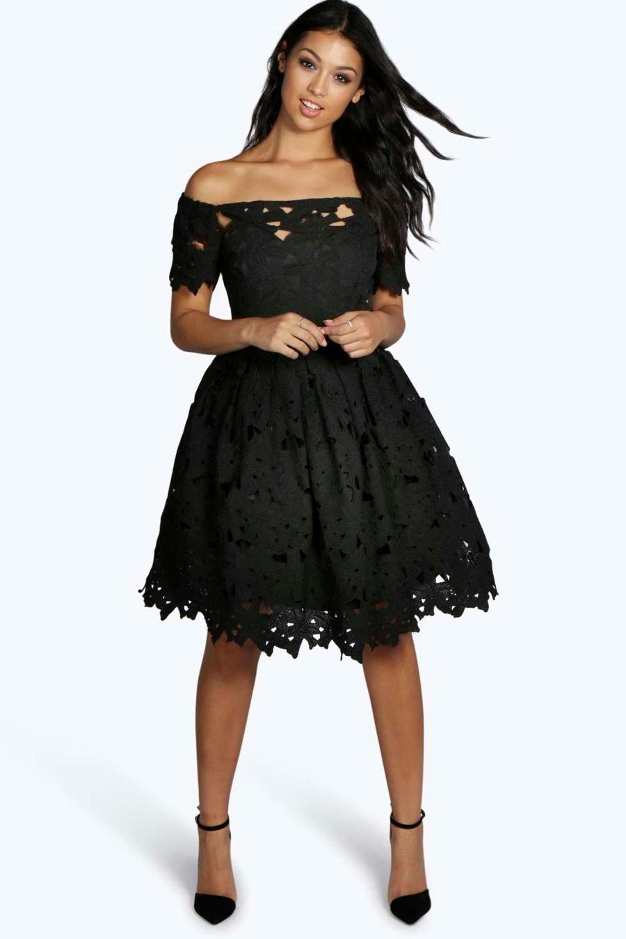 Black Boutique Off Shoulder Lace Skater Dress image number 1