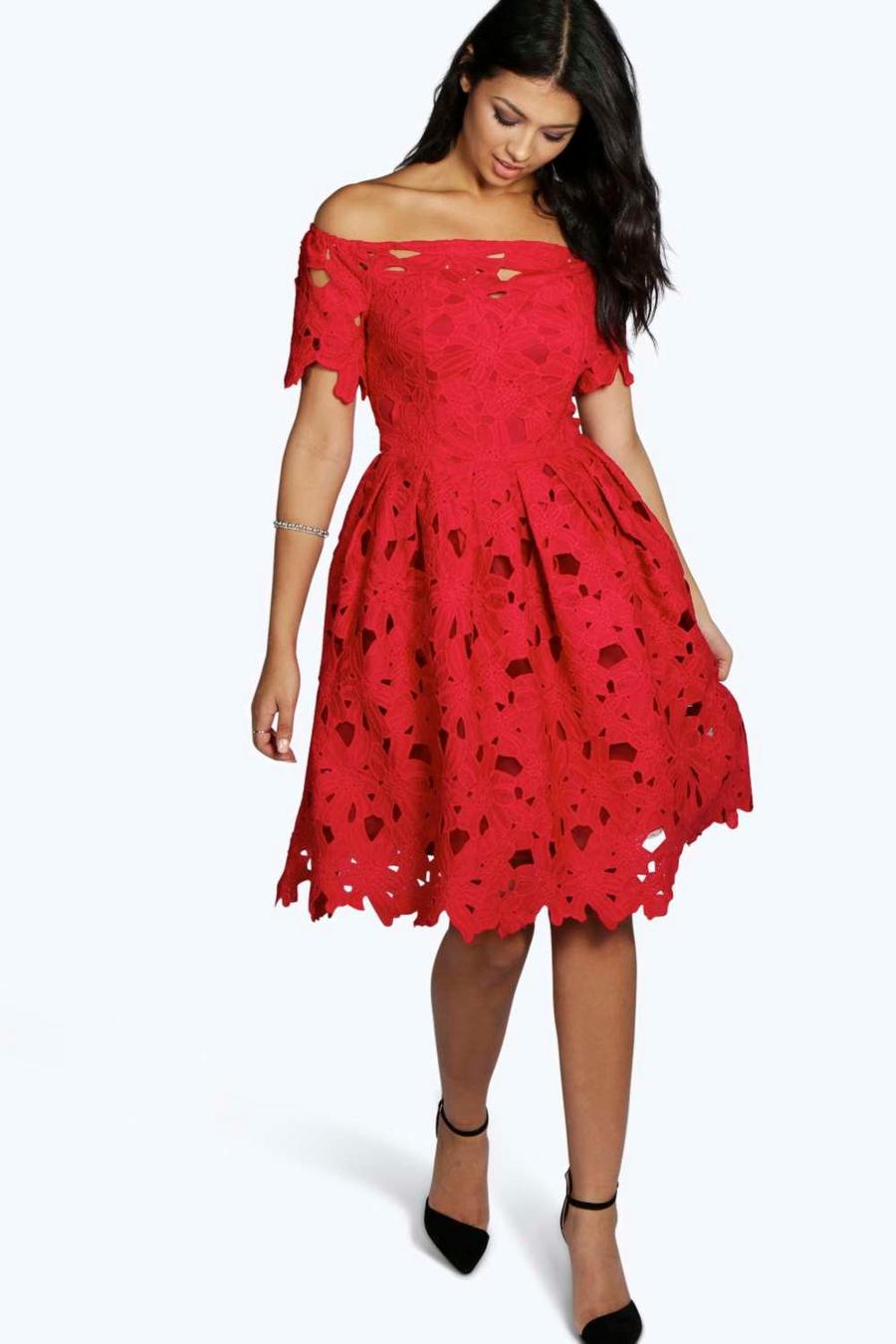 Red Boutique Off Shoulder Lace Skater Dress image number 1