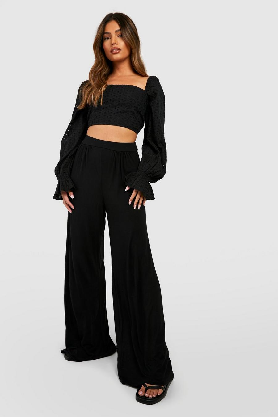 Black nero Basic Pin Tuck Soft Wide Leg Trousers image number 1