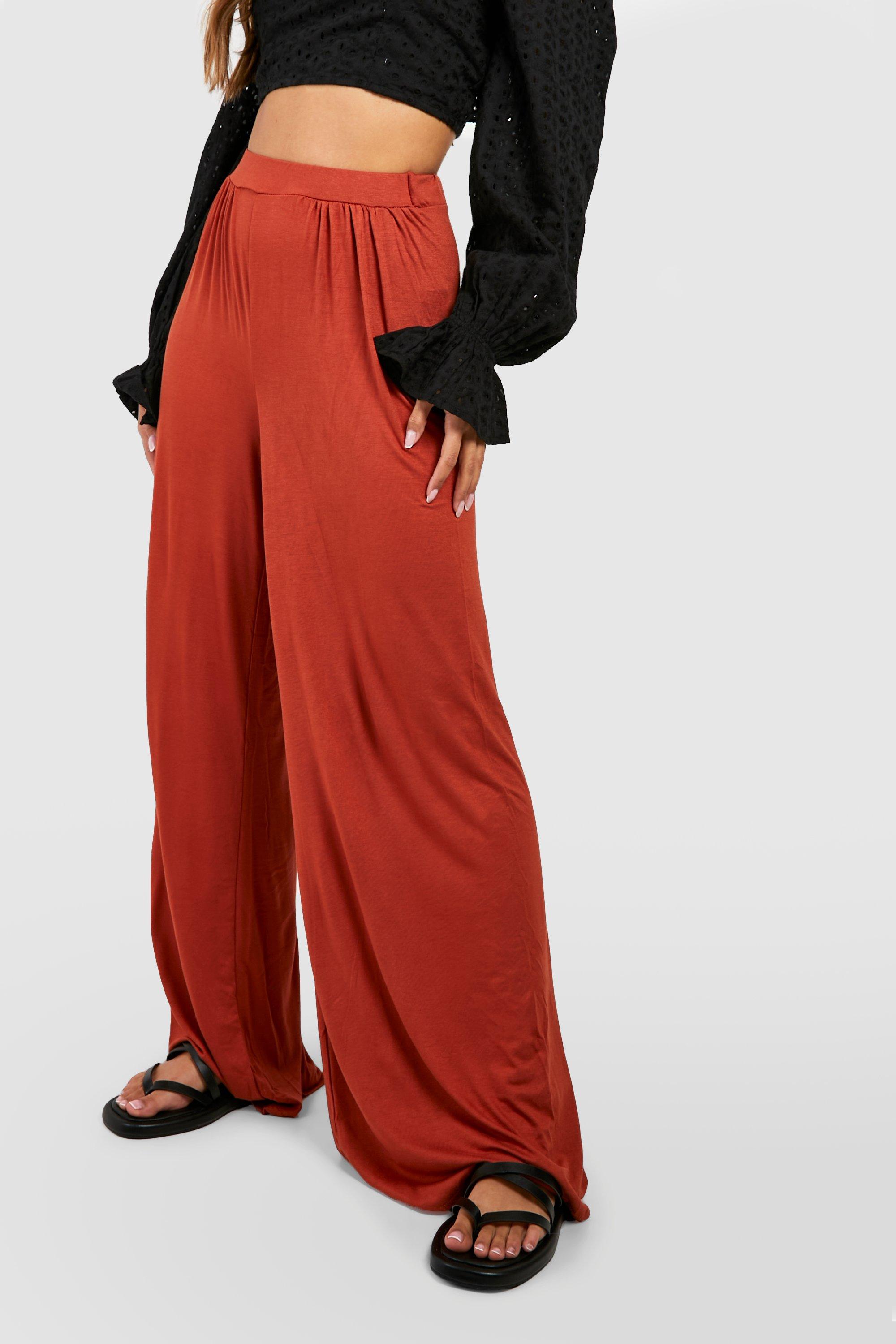 Red Wide Leg Soft Trousers, Womens Trousers