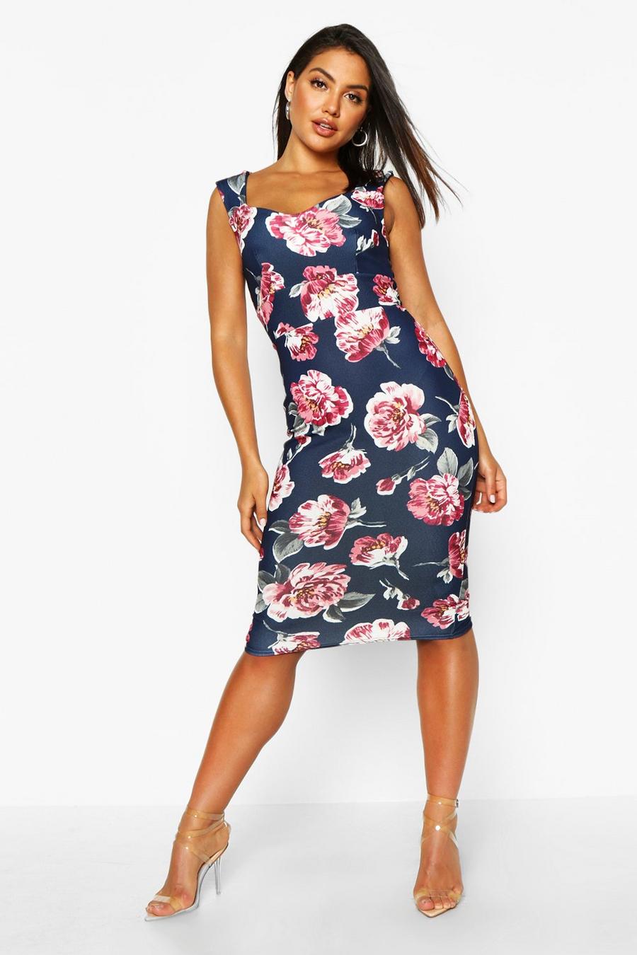 Navy Floral Sweetheart Midi Dress image number 1