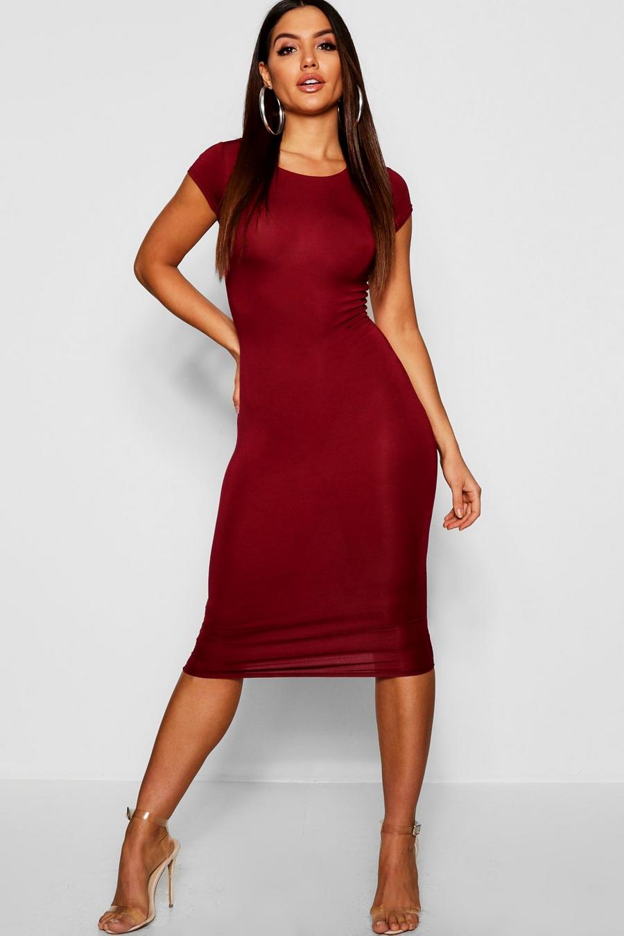 Berry Cap Sleeve Jersey Knit Bodycon Midi Dress image number 1