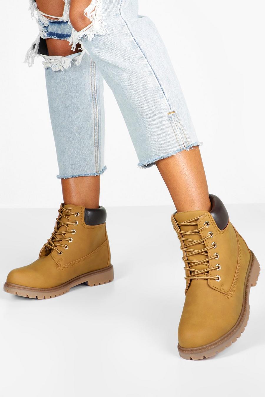 Beige Padded Cuff Chunky Combat Boots image number 1