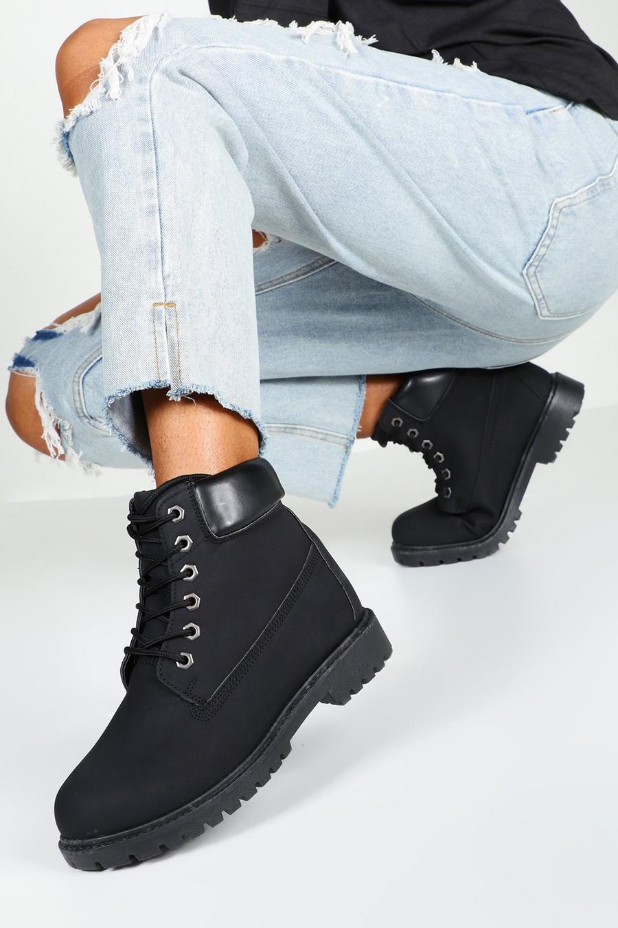 Black Padded Cuff Chunky Hiker Boots