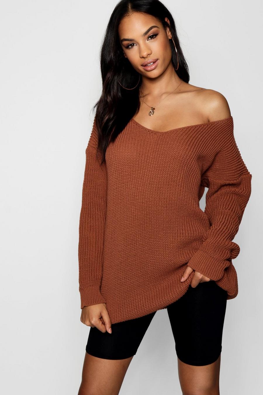Minivestido estilo suéter con cuello de pico, Chocolate image number 1