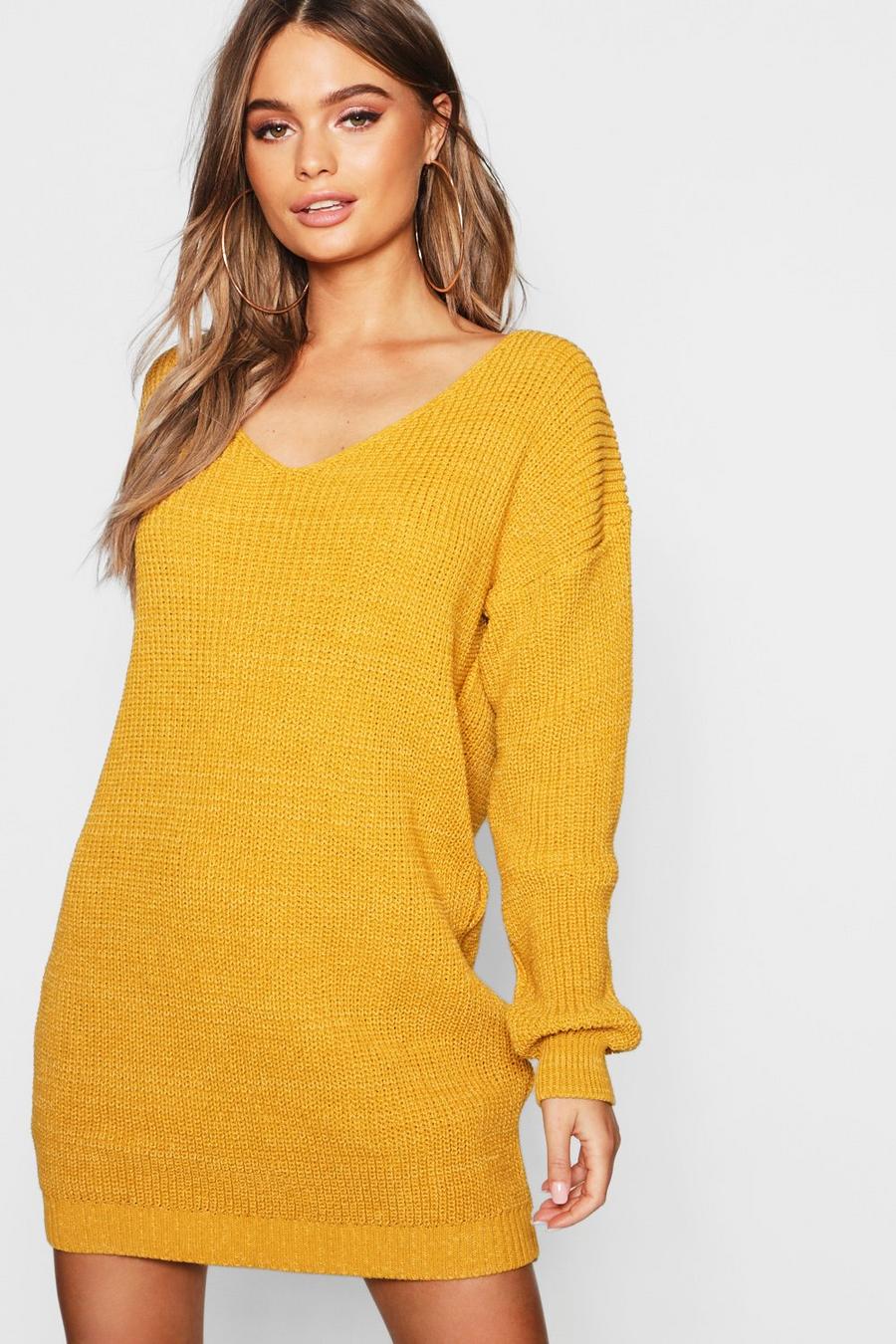 Mustard Mini Sweatshirt Jurk Met V-Hals image number 1