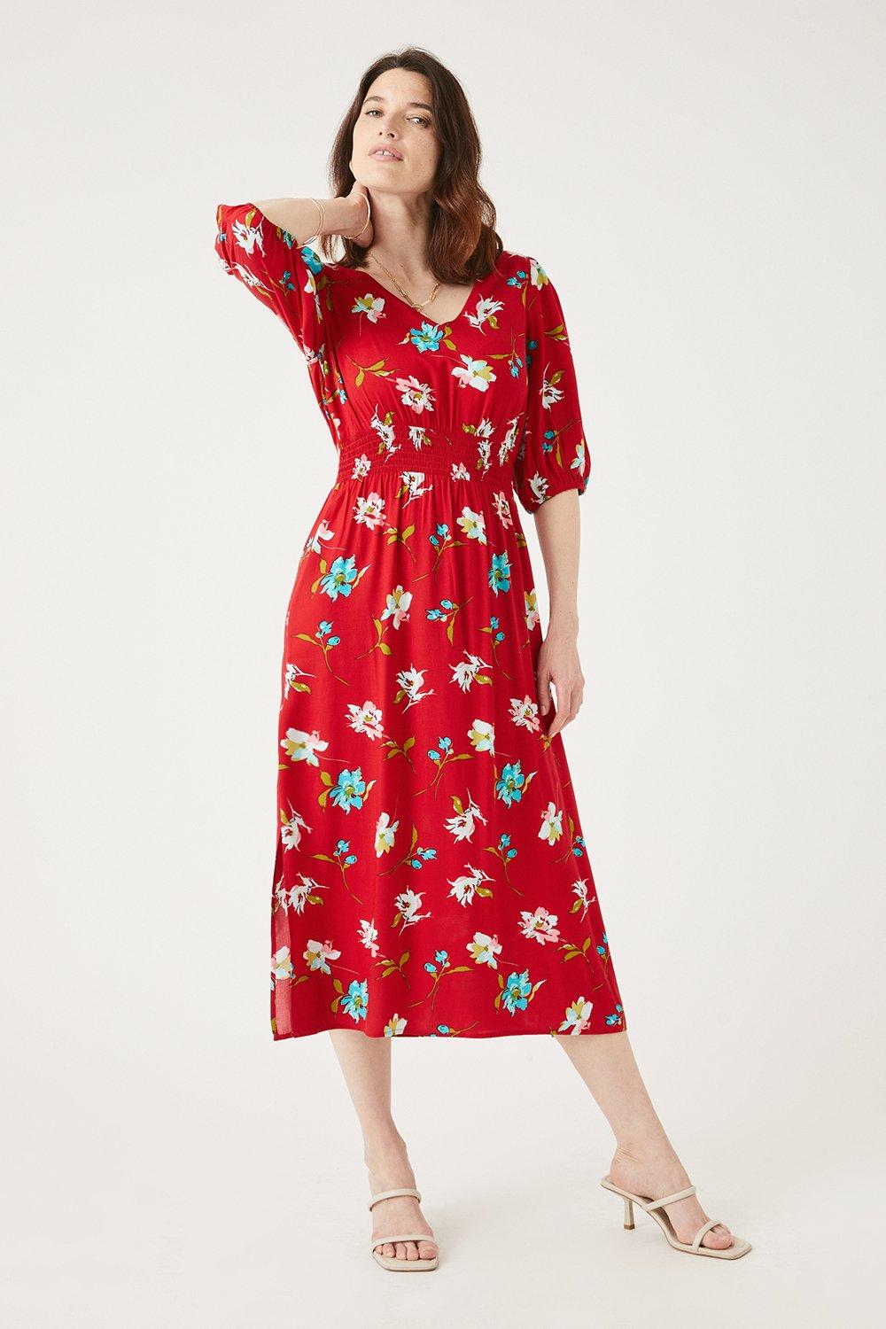 Maine Red Floral Shirred Waist Midi Dress | Debenhams