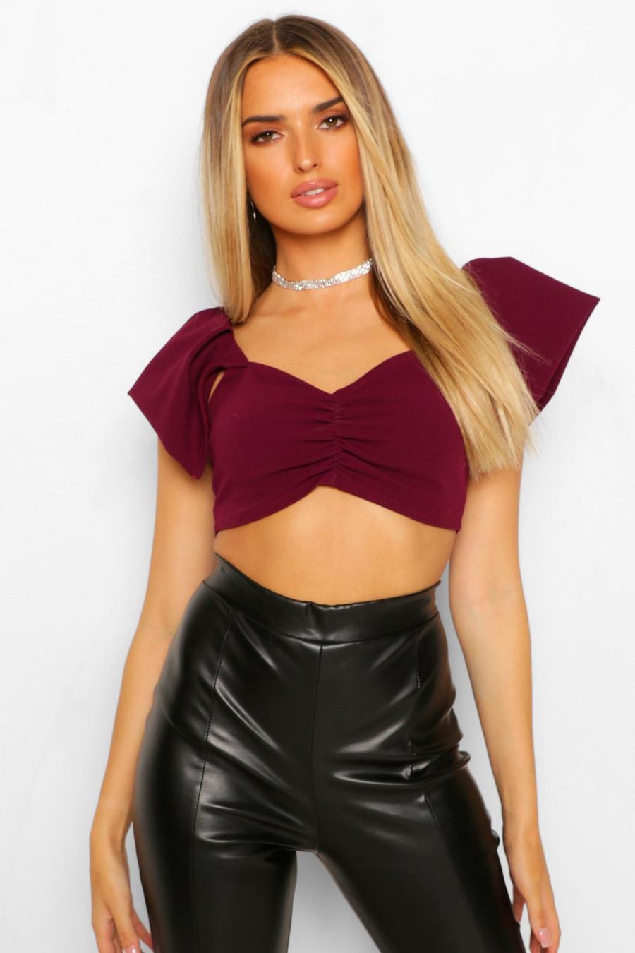 Raspberry Ruched Puff Sleeve Crop Top image number 1