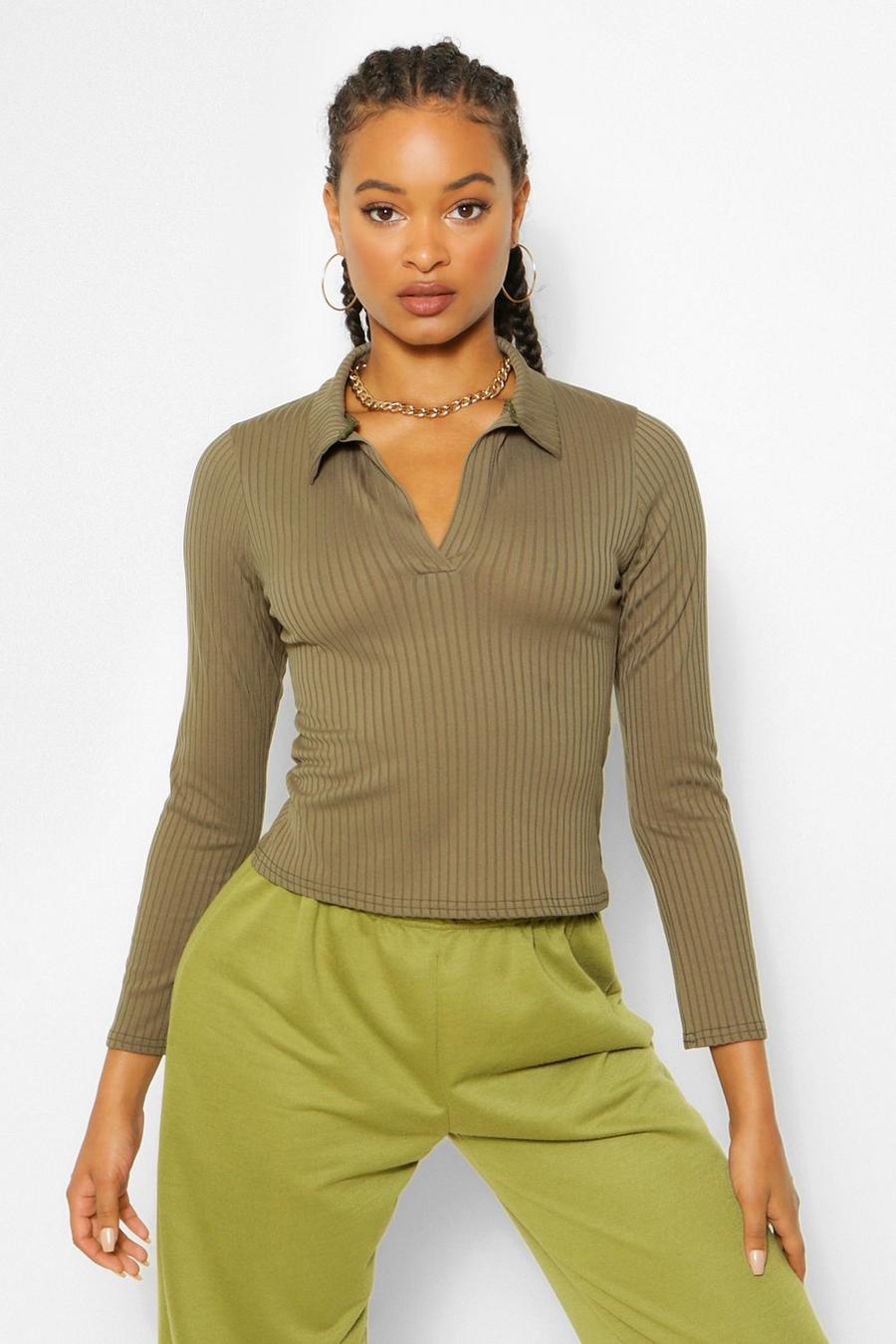 Khaki Ribbed Polo Neck Top image number 1