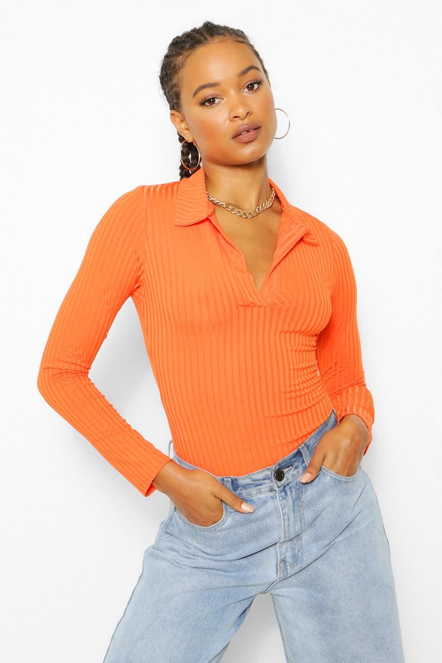 Orange Ribbed Polo Neck Top image number 1