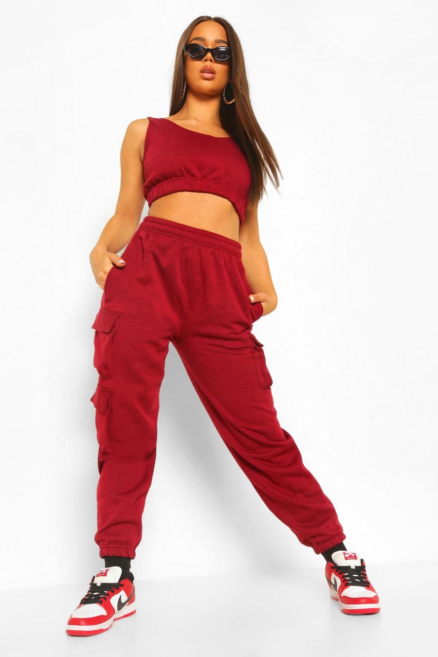 Womens Ladies 2 Piece Crop Top and Cargo Joggers Co-Ord Set Winter