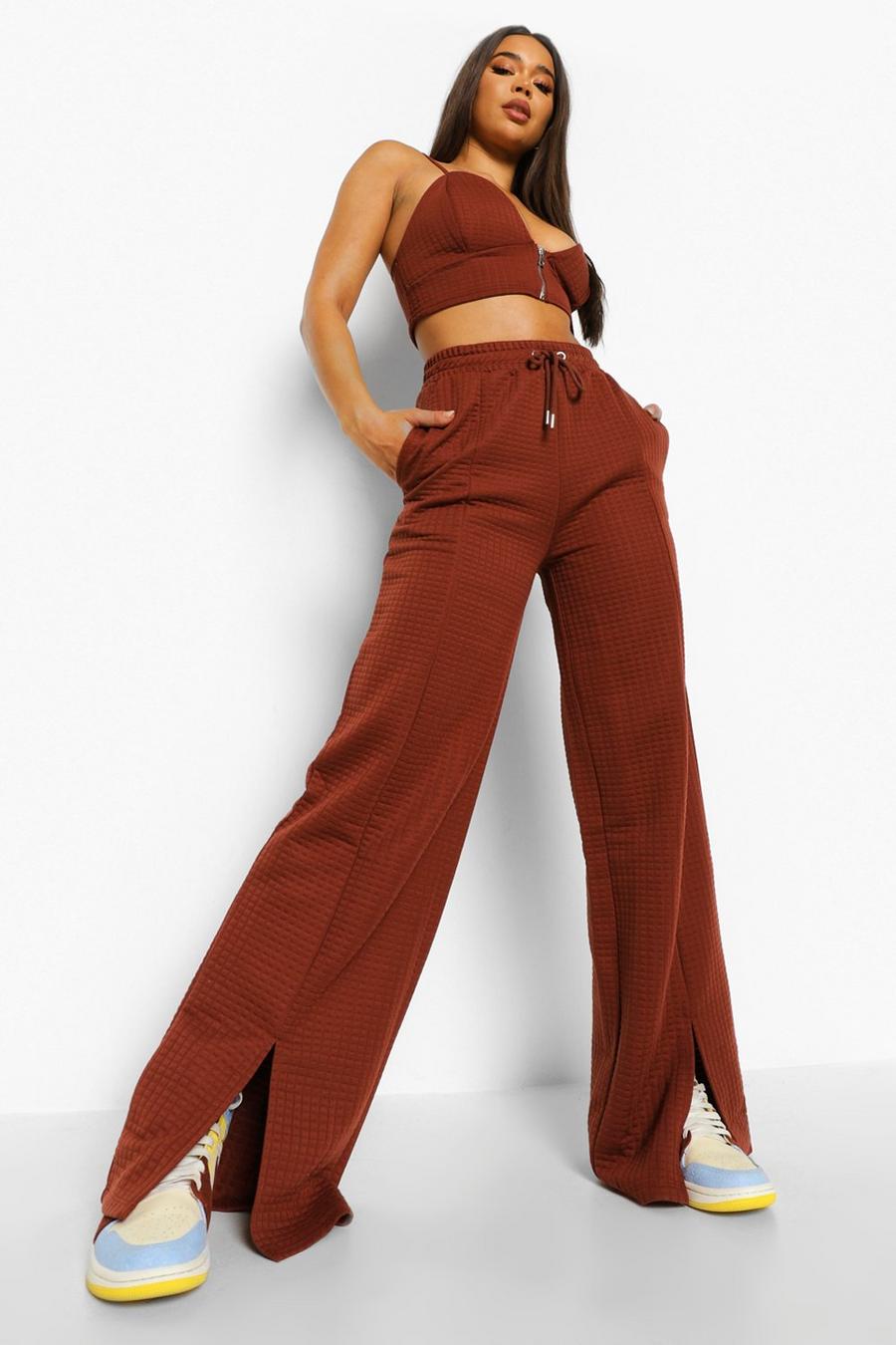 Chocolate Quilted Wide Leg Split Front Joggers image number 1