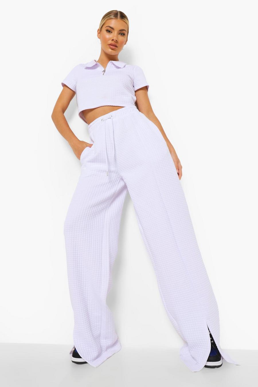 White Quilted Wide Leg Split Front Joggers image number 1