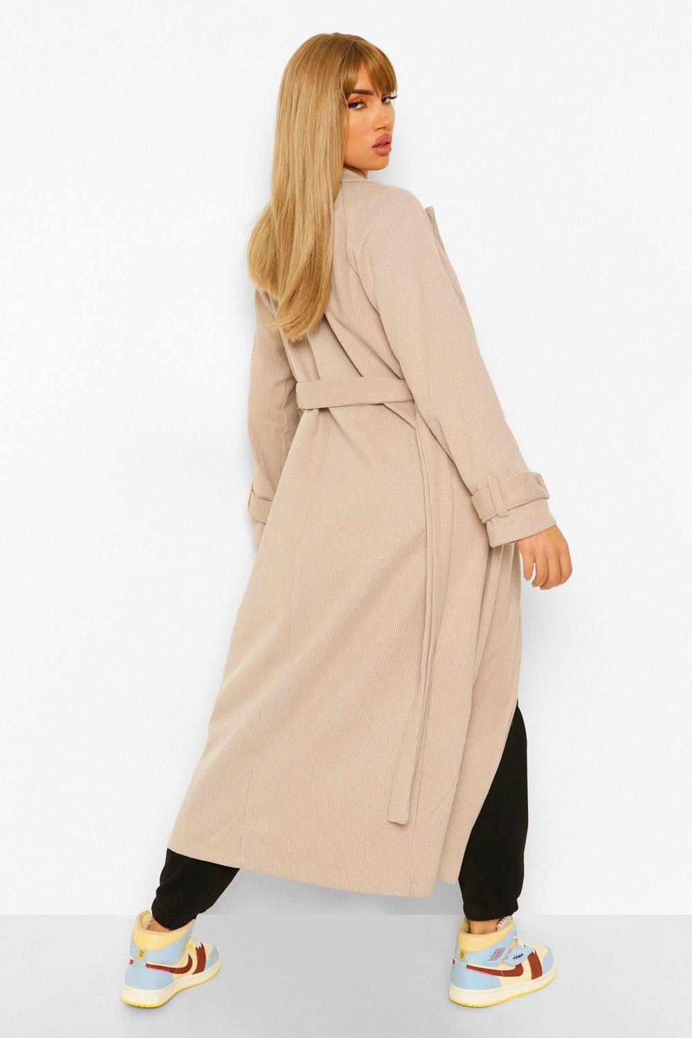 Dogtooth Belted Wool Look Trench Coat boohoo NZ