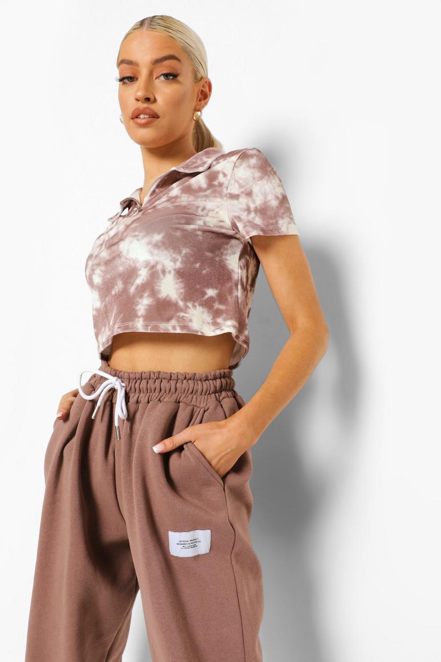 Mocha Velour Tie Dye Zip Front Cropped Sweater image number 1