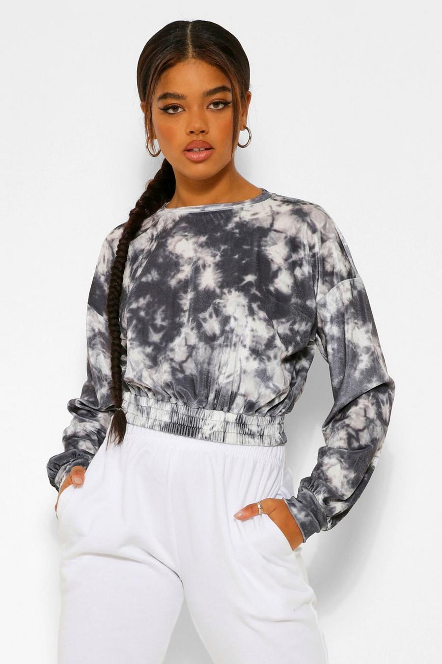 Black Cropped Tie Dye Velour Sweater image number 1