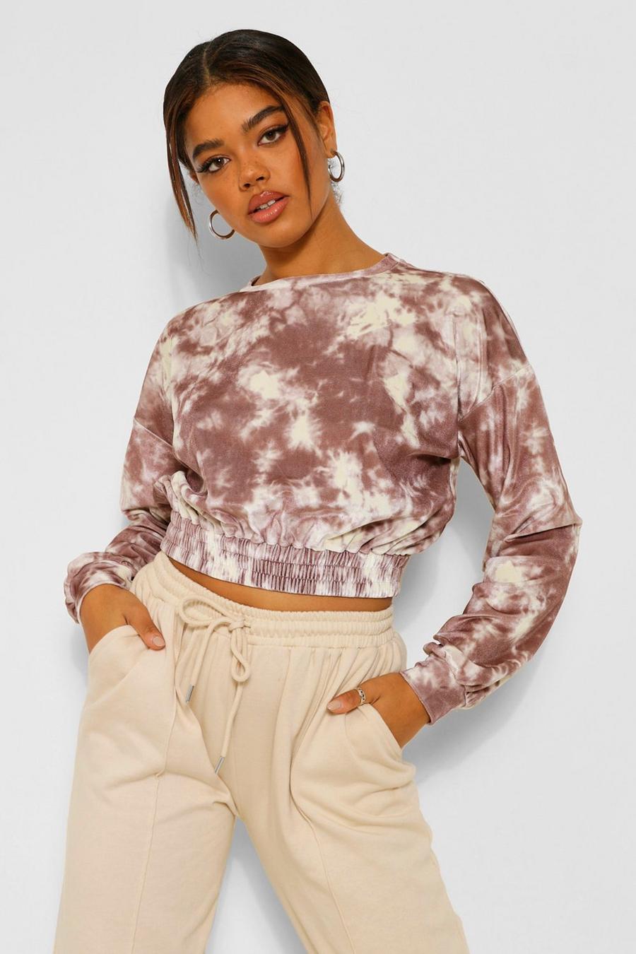 Mocha Cropped Tie Dye Velour Sweater image number 1