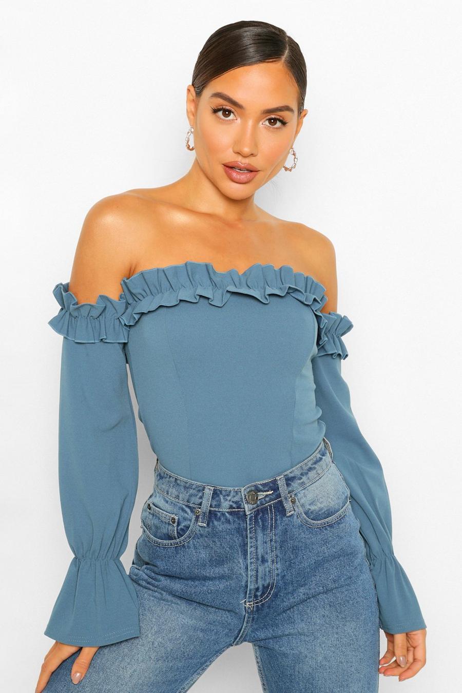 Teal Crepe Ruffle Off The Shoulder Top image number 1