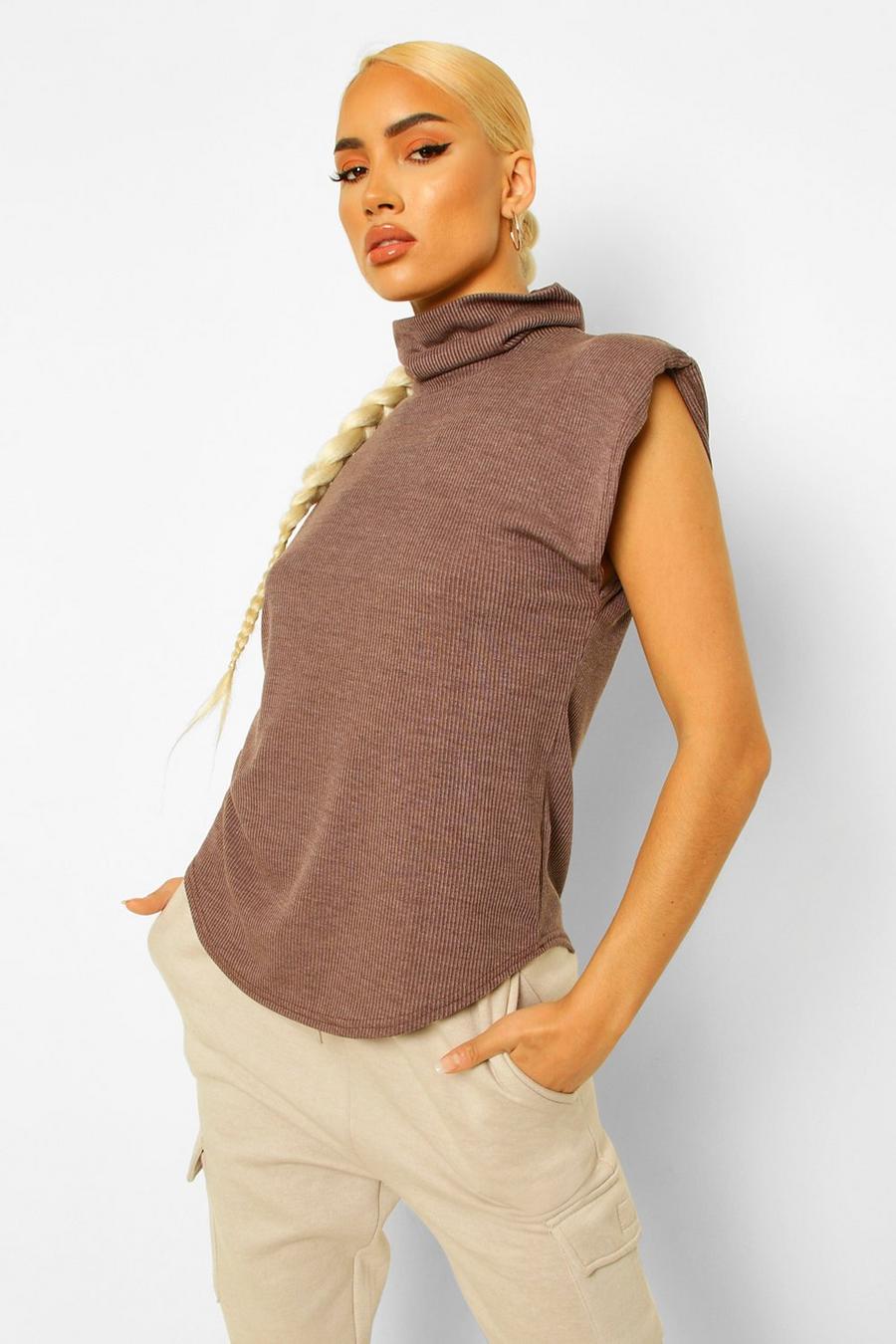 Chocolate Rib Roll Neck Shoulder Pad Top image number 1