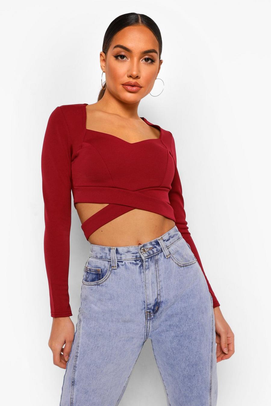 Berry Crepe Cut Out Long Sleeve Crop Top image number 1