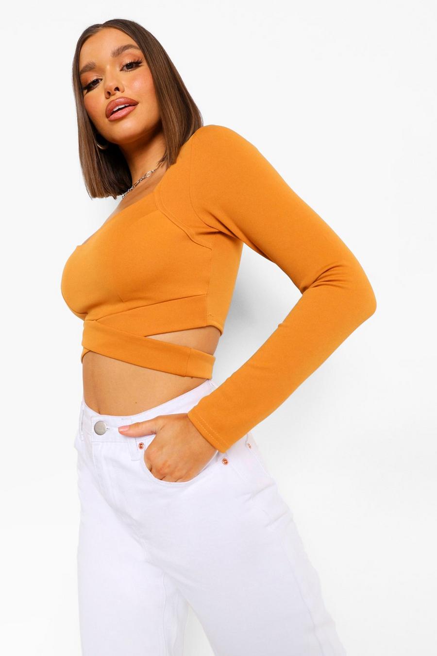 Mustard Crepe Cut Out Long Sleeve Crop Top image number 1
