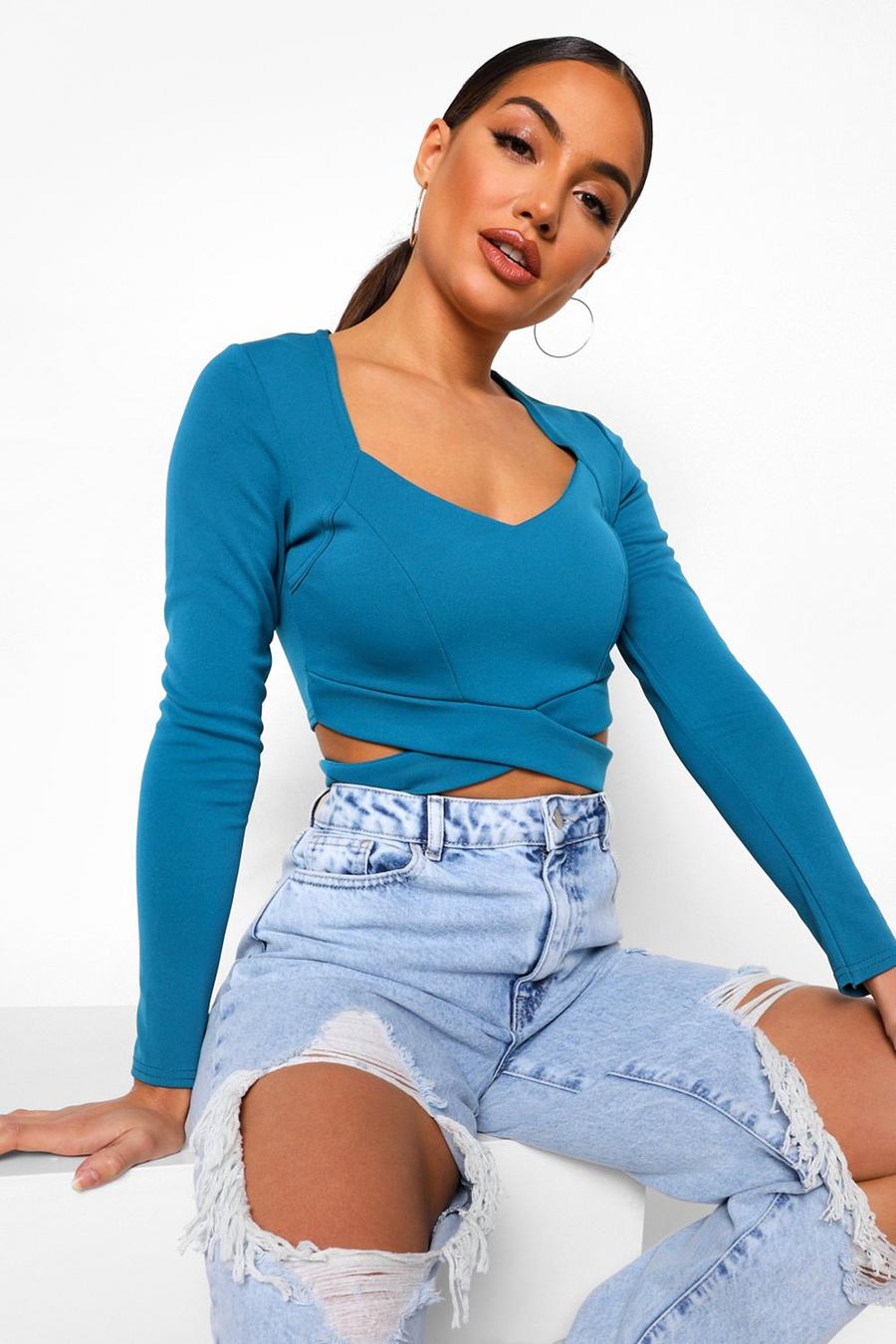 Teal Crepe Cut Out Long Sleeve Crop Top image number 1