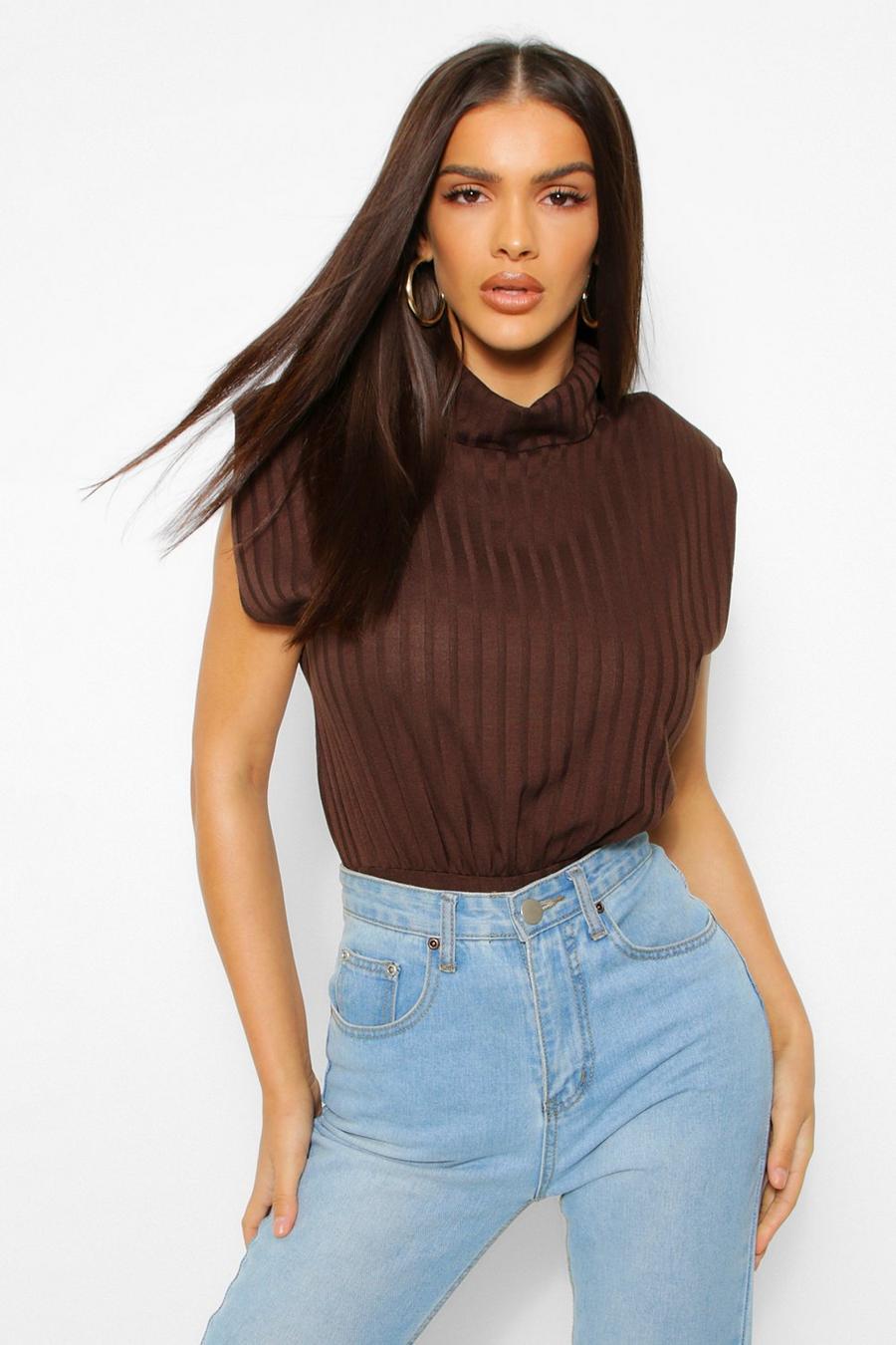 Chocolate Rib Turtleneck Shoulder Pad Bodysuit image number 1