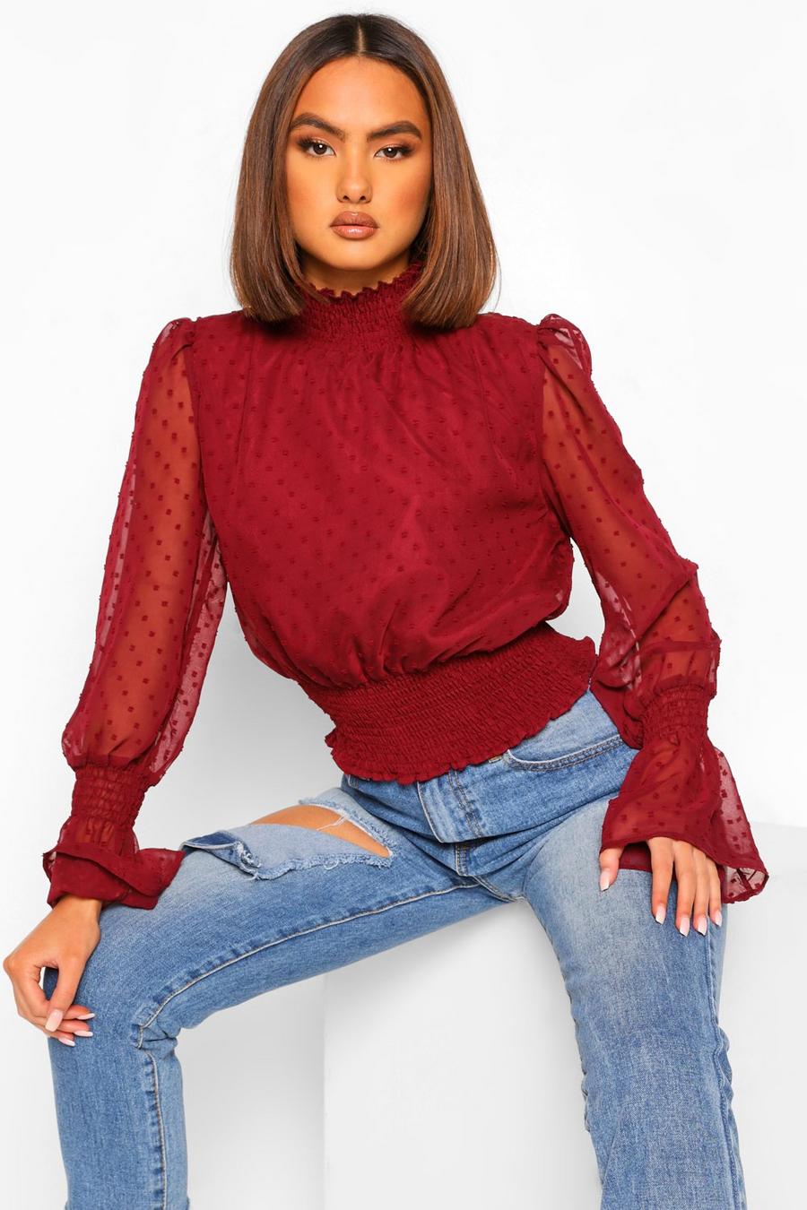 Berry Woven Dobby High Neck Shirred Blouse image number 1