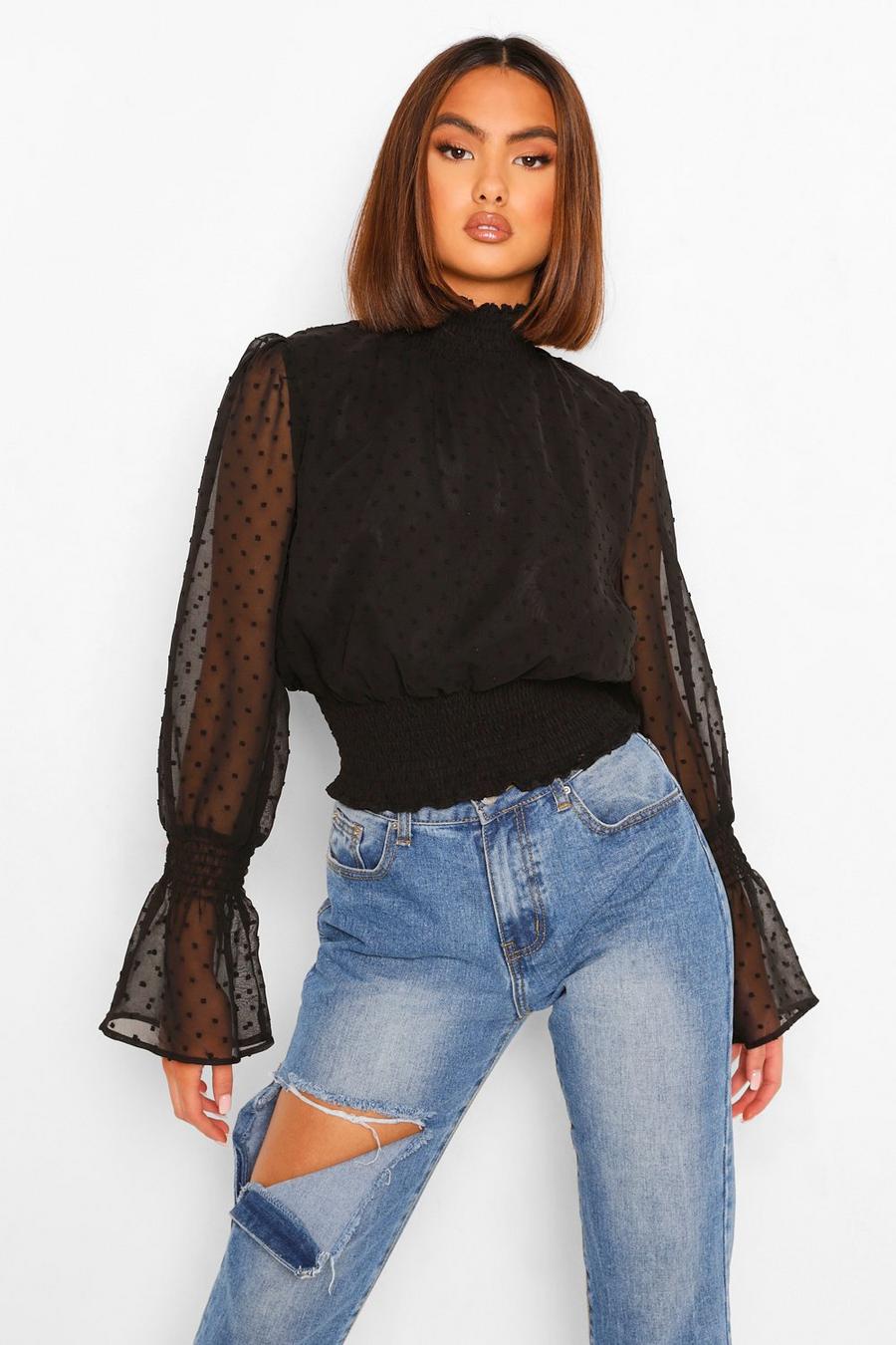 Black Woven Dobby High Neck Shirred Blouse image number 1