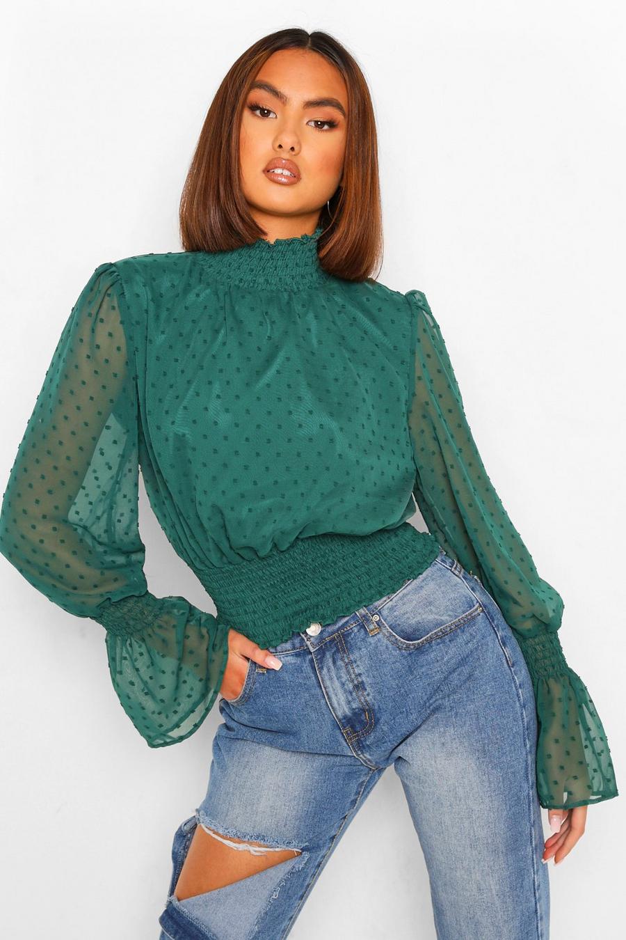 Bottle green Woven Dobby High Neck Shirred Blouse image number 1