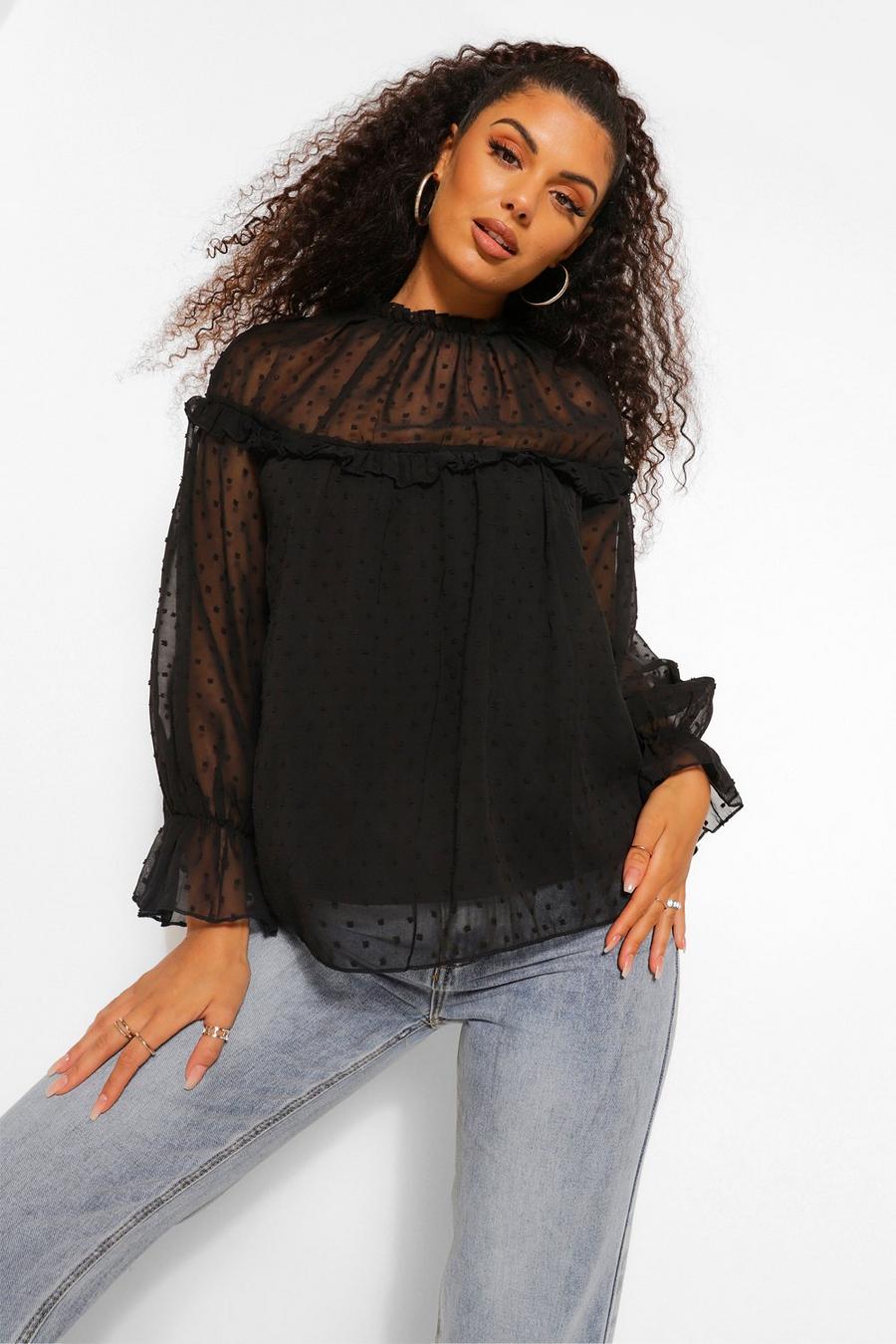 Black Geweven Dobby Blouse Met Lange Mouwen image number 1